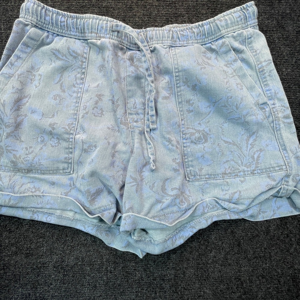 Floral Denim Shorts L Elastic Waist Cotton Drawstring Fairy Cottage Boho Peasant